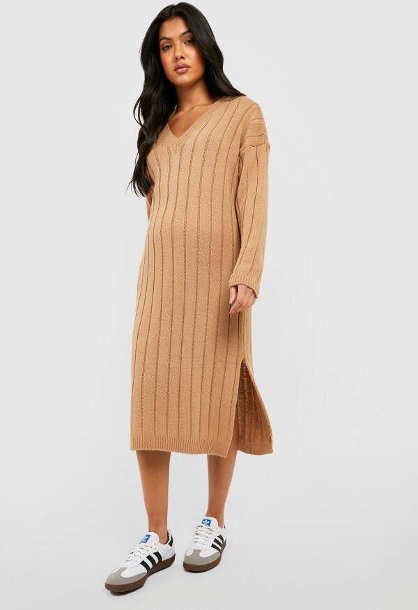 boohoo Zwangerschap Gebreide Baggy Midi Jurk Met V Hals, Camel