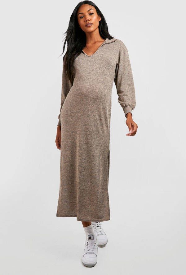boohoo Zwangerschap Gebreide Melange Midaxi Jurk Met Polo Kraag, Oatmeal