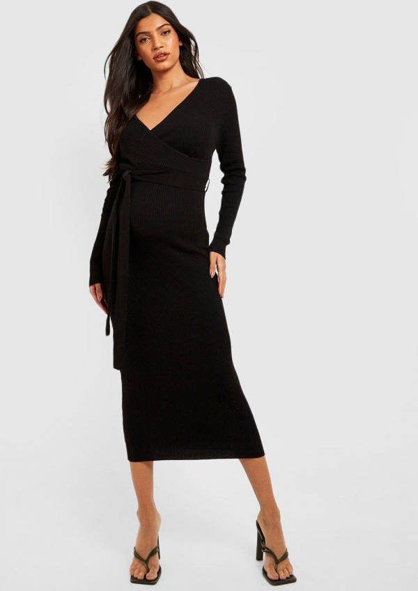 boohoo Zwangerschap Gebreide Midi Wikkel Jurk, Black