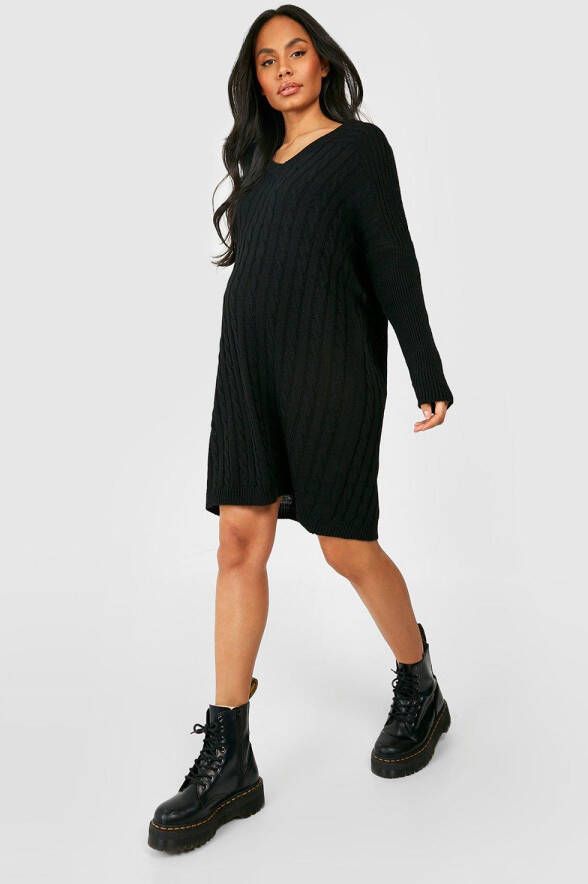 boohoo Zwangerschap Gebreide Trui Jurk Met V Hals, Black