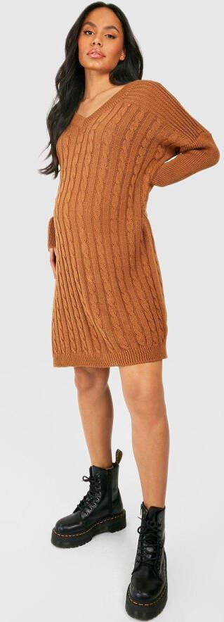 boohoo Zwangerschap Gebreide Trui Jurk Met V Hals, Chocolate