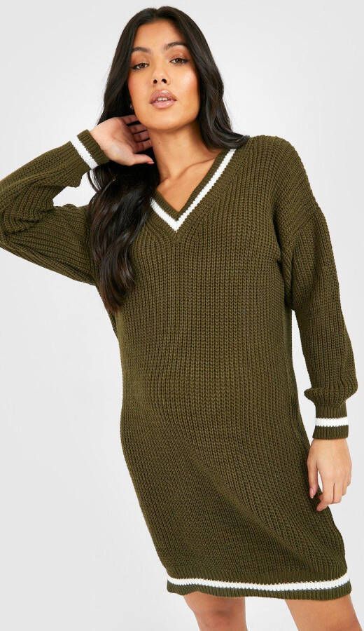 boohoo Zwangerschap Gebreide Trui Jurk Met V Hals, Khaki