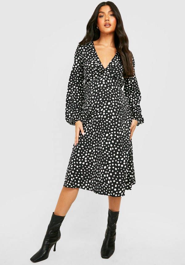 boohoo Zwangerschap Gedraaide Gesmokte Midi Jurk Met Stippen, Black