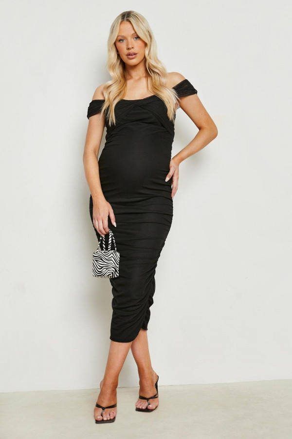 boohoo Zwangerschap Gedraaide Off Shoulder Mesh Midi Jurk, Black