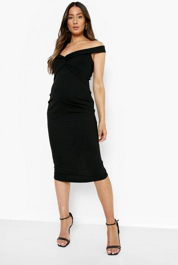 boohoo Zwangerschap Gedraaide Off Shoulder Midi Jurk, Black
