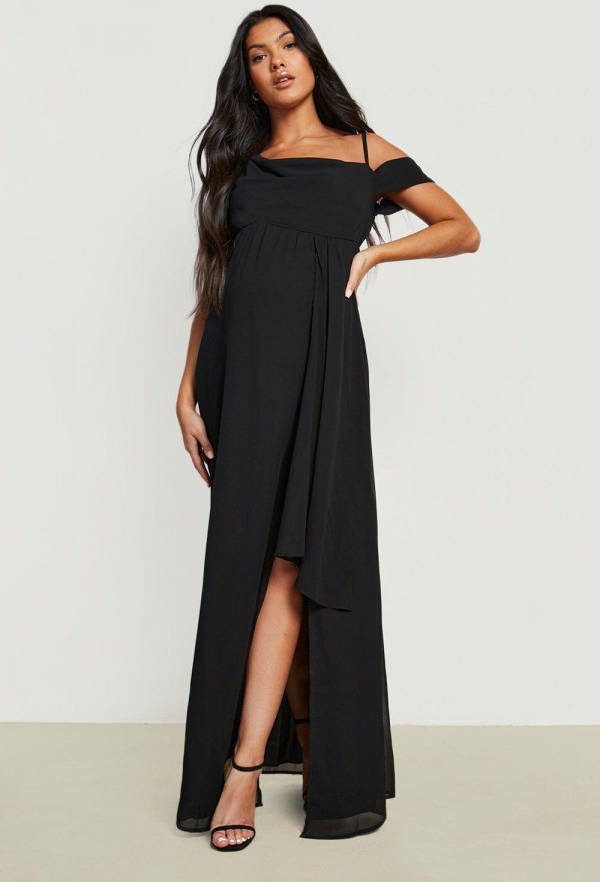 boohoo Zwangerschap Gedrapeerde Gelegenheids Maxi Jurk Met Schouders, Black