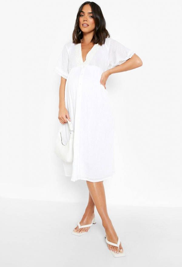 boohoo Zwangerschap Gehaakte Kaasdoek Midi Jurk Met Knopen, White