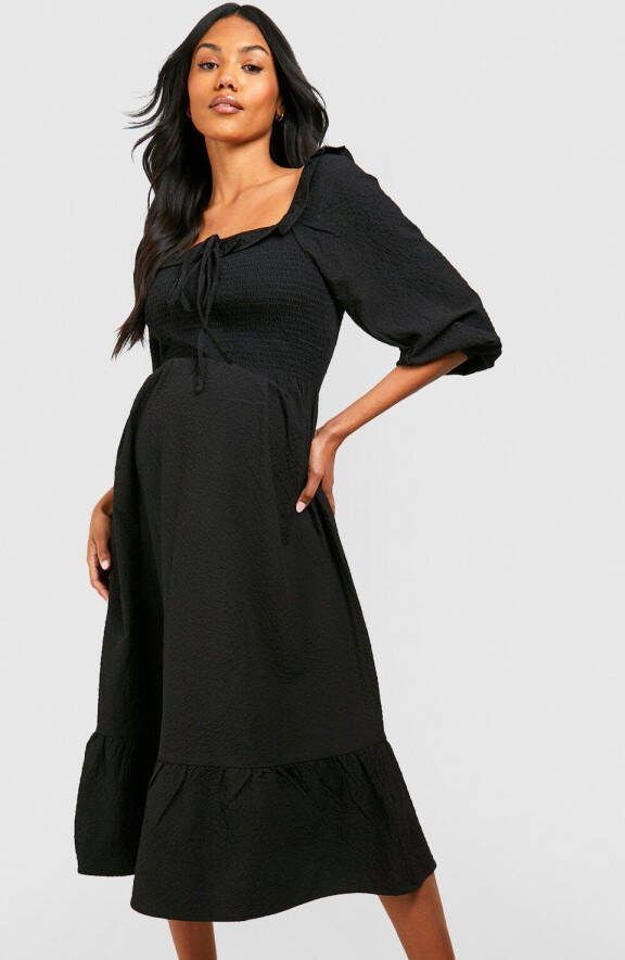 boohoo Zwangerschap Gekreukelde Geplooide Midi Jurk Met Textuur, Black