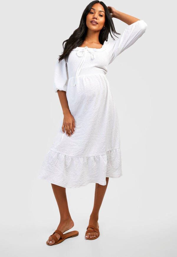 boohoo Zwangerschap Gekreukelde Geplooide Midi Jurk Met Textuur, Ivory