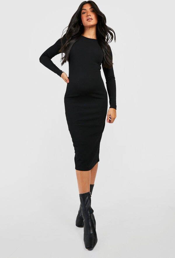 boohoo Zwangerschap Gekreukelde Geribbelde Bodycon Midi Jurk, Black