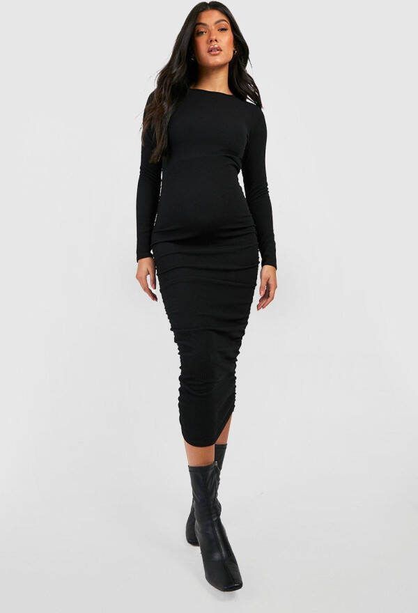 boohoo Zwangerschap Gekreukelde Geribbelde Geplooide Midi Jurk, Black