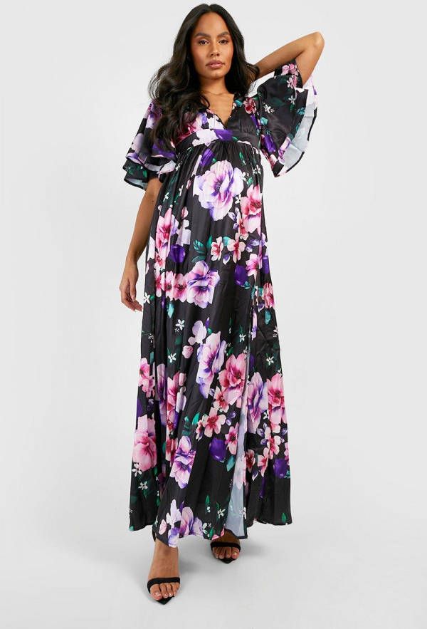 boohoo Zwangerschap Gelegenheids Bloemen Maxi Jurk, Black