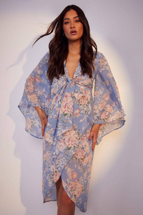 boohoo Zwangerschap Gelegenheids Bloemen Midi Wikkel Jurk Met Strik, Blue