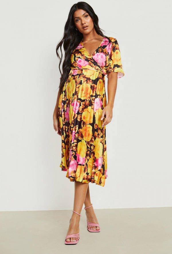 boohoo Zwangerschap Gelegenheids Bloemen Midi Wikkeljurk, Black