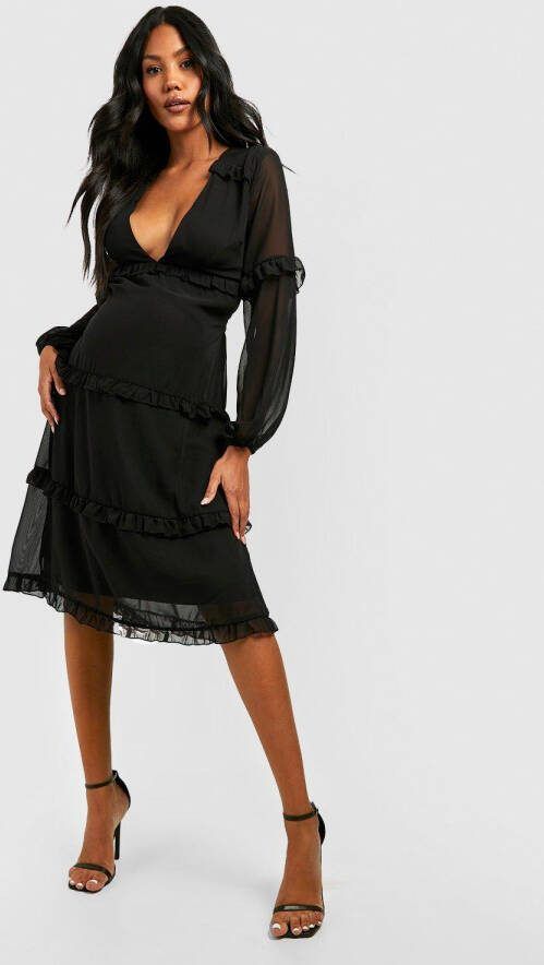 boohoo Zwangerschap Gelegenheids Midi Jurk Met Rug Strik En Franjes, Black