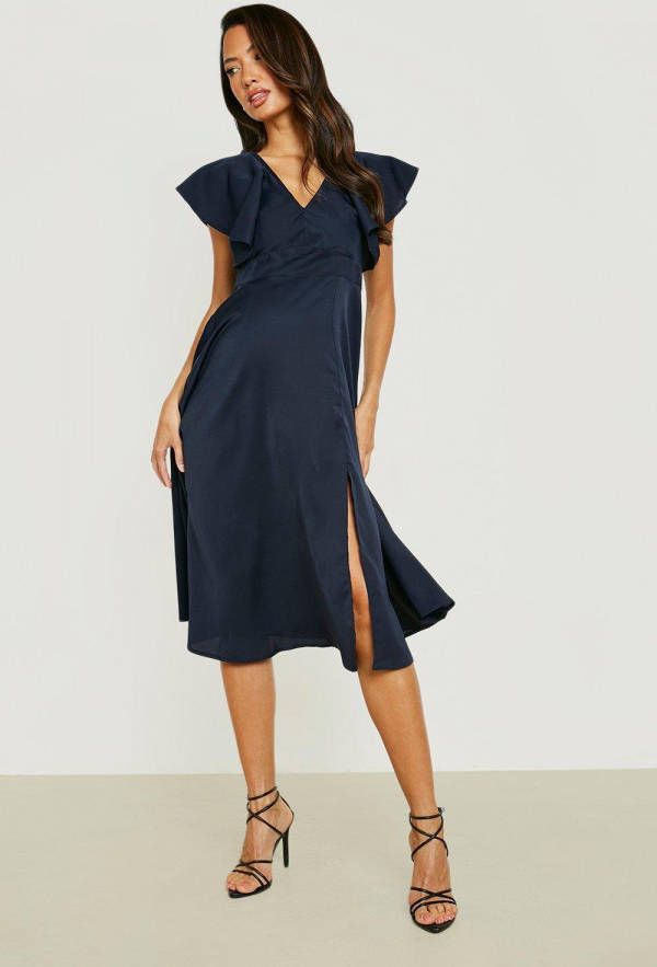 boohoo Zwangerschap Gelegenheids Midi Jurk Met Rug Strik En Franjes, Navy