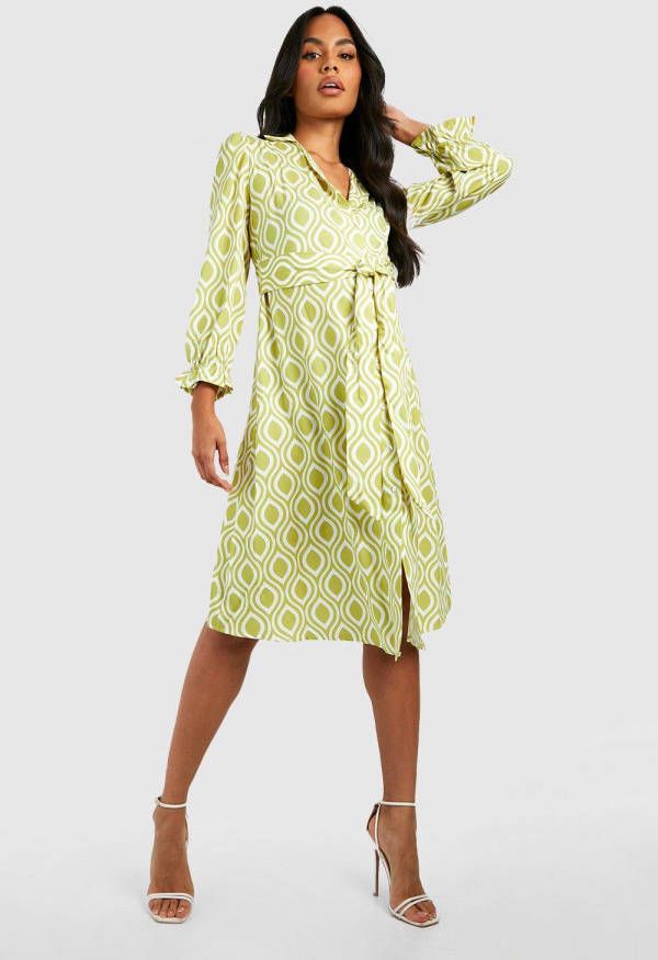 boohoo Zwangerschap Geo Print Midi Blouse Jurk Met Ceintuur, Green