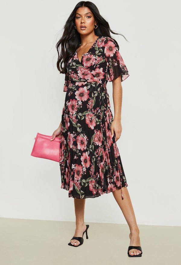 boohoo Zwangerschap Geplooide Bloemen Gelegenheids Midi Jurk, Black