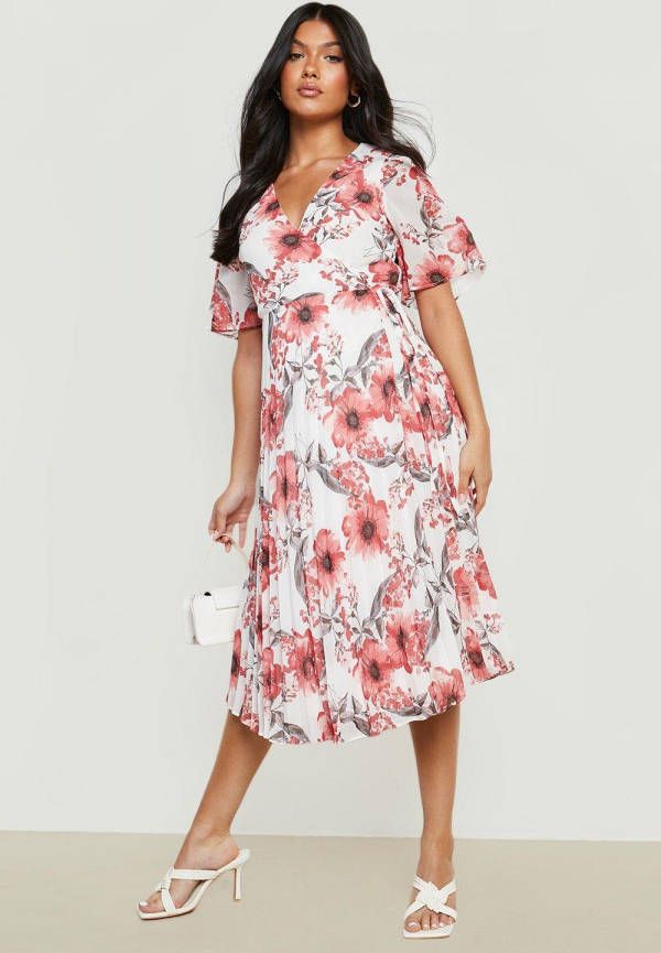 boohoo Zwangerschap Geplooide Bloemen Gelegenheids Midi Jurk, Pink