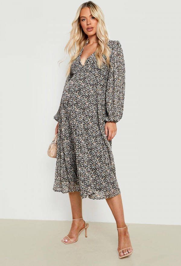 boohoo Zwangerschap Geplooide Bloemen Midaxi Wikkel Jurk, Black