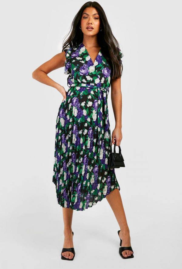 boohoo Zwangerschap Geplooide Bloemen Midi Jurk, Black