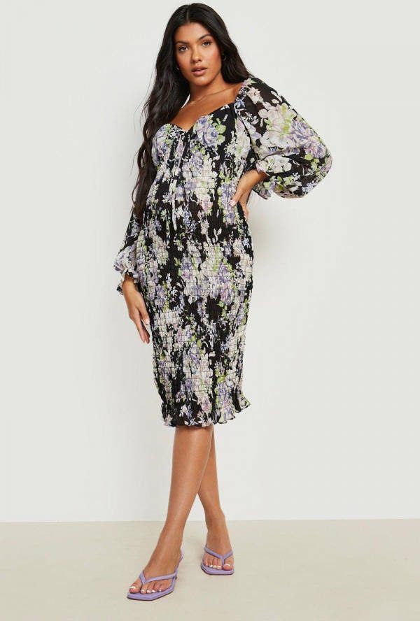 boohoo Zwangerschap Geplooide Bloemen Midi Jurk, Black