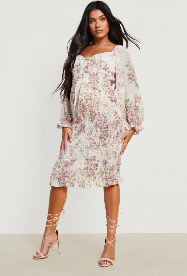 boohoo Zwangerschap Geplooide Bloemen Midi Jurk, White