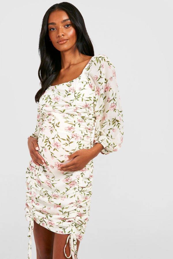boohoo Zwangerschap Geplooide Bloemen Mini Jurk Met Ceintuur, White