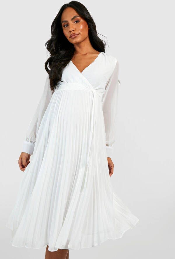 boohoo Zwangerschap Geplooide Chiffon Gelegenheids Midi Jurk Met Mouwsplit, Ivory