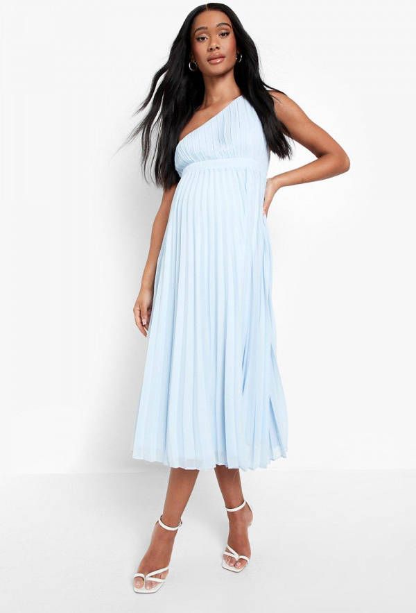 boohoo Zwangerschap Geplooide Gelegenheids Midi Jurk Met Eé, n Blote Schouder, Blue
