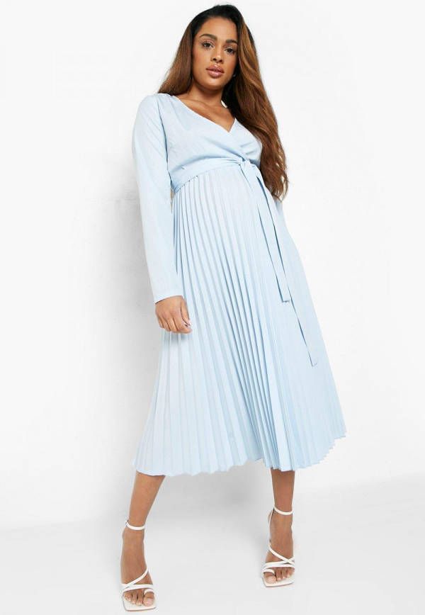 boohoo Zwangerschap Geplooide Gelegenheids Midi Wikkeljurk, Blue