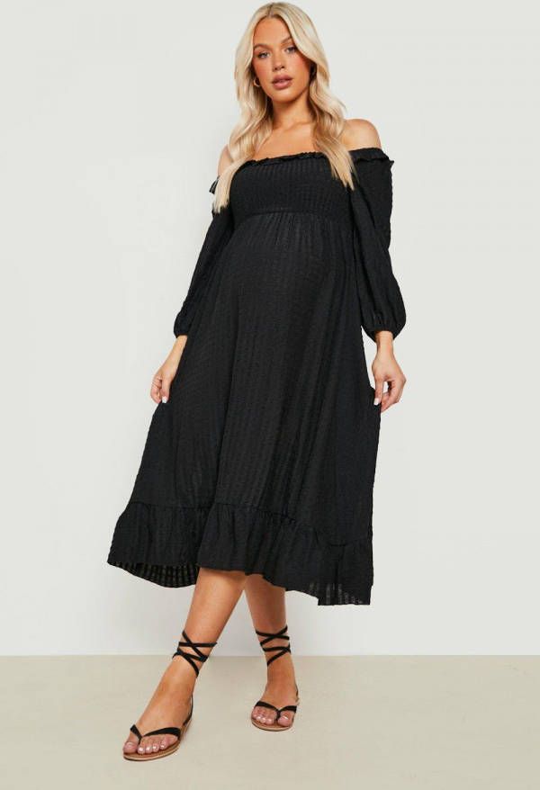 boohoo Zwangerschap Geplooide Gesmokte Midaxi Jurk Met Franjes, Black