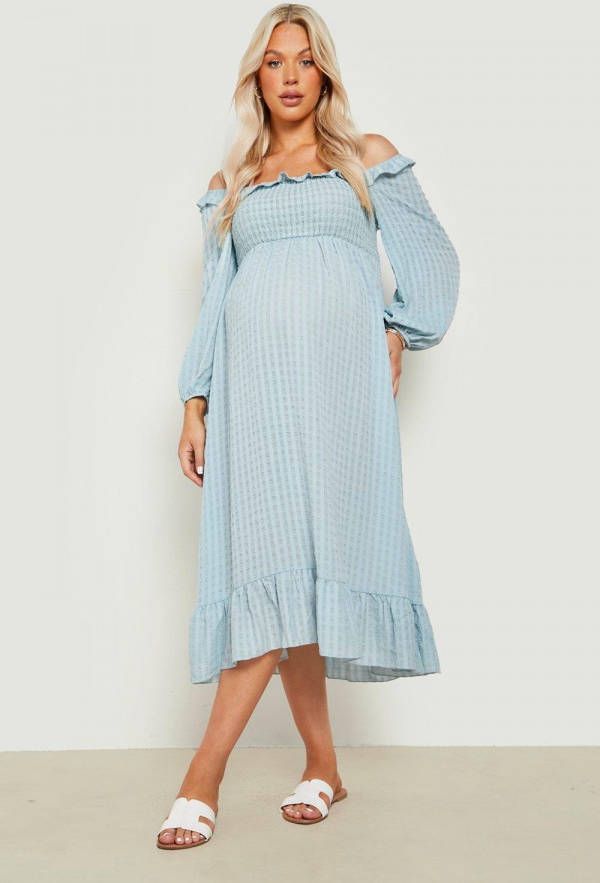 boohoo Zwangerschap Geplooide Gesmokte Midaxi Jurk Met Franjes, Blue