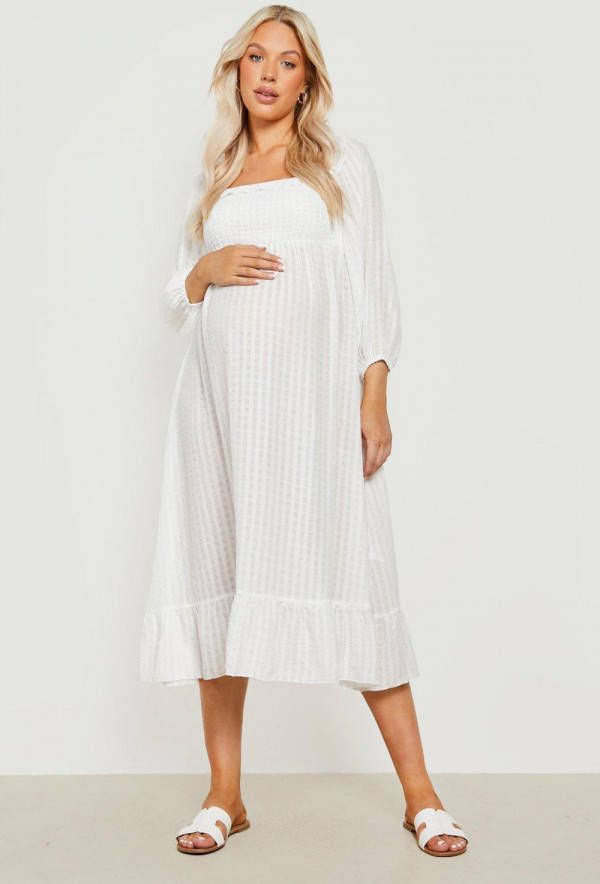 boohoo Zwangerschap Geplooide Gesmokte Midaxi Jurk Met Franjes, Ivory