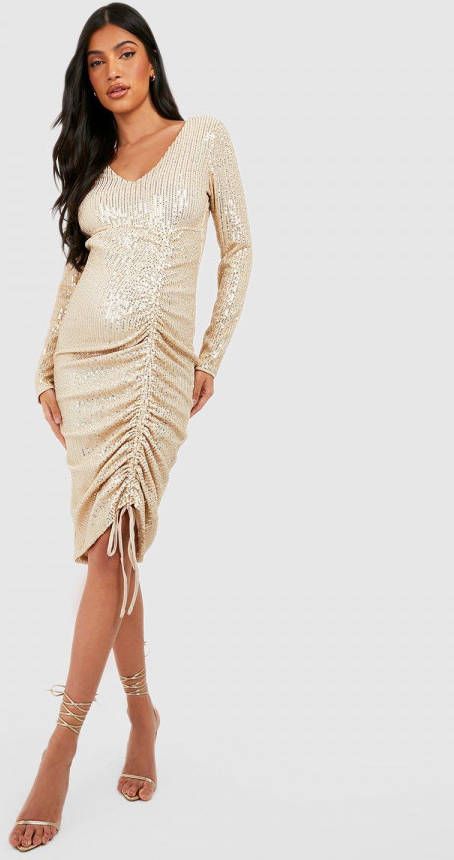 boohoo Zwangerschap Geplooide Glitter Midi Jurk Met Pailletten En Ceintuur, Gold