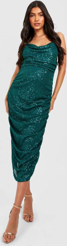 boohoo Zwangerschap Geplooide Glitter Midi Jurk Met Pailletten En Waterval Hals, Emerald