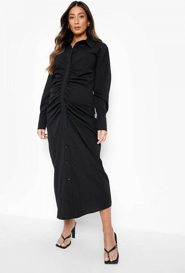boohoo Zwangerschap Geplooide Katoenen Midaxi Jurk, Black