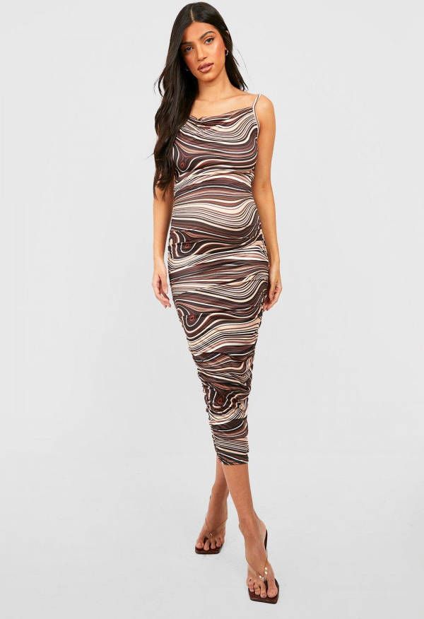 boohoo Zwangerschap Geplooide Marmerprint Midi Jurk Met Losse Col, Brown