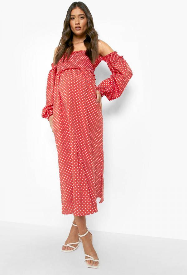 boohoo Zwangerschap Geplooide Midaxi Jurk Met Stippen, Red