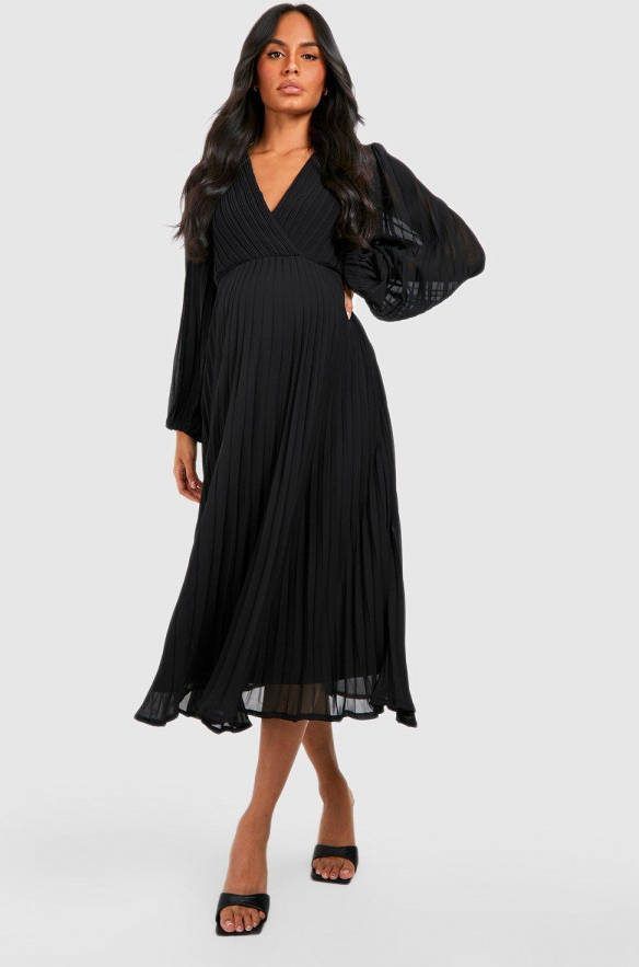 boohoo Zwangerschap Geplooide Midaxi Wikkel Jurk, Black