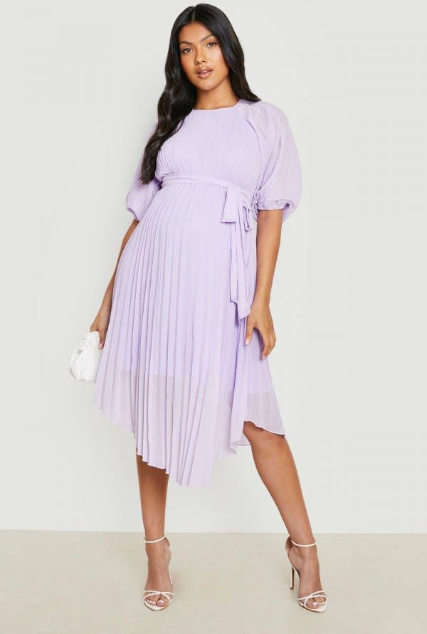 boohoo Zwangerschap Geplooide Midi Jurk Met Ceintuur En Pofmouwen, Lilac