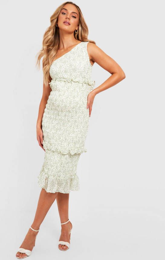 boohoo Zwangerschap Geplooide Midi Jurk Met Eé, n Open Schouder, White