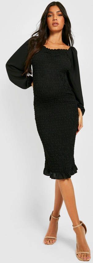 boohoo Zwangerschap Geplooide Midi Jurk Met Lange Mouwen, Black