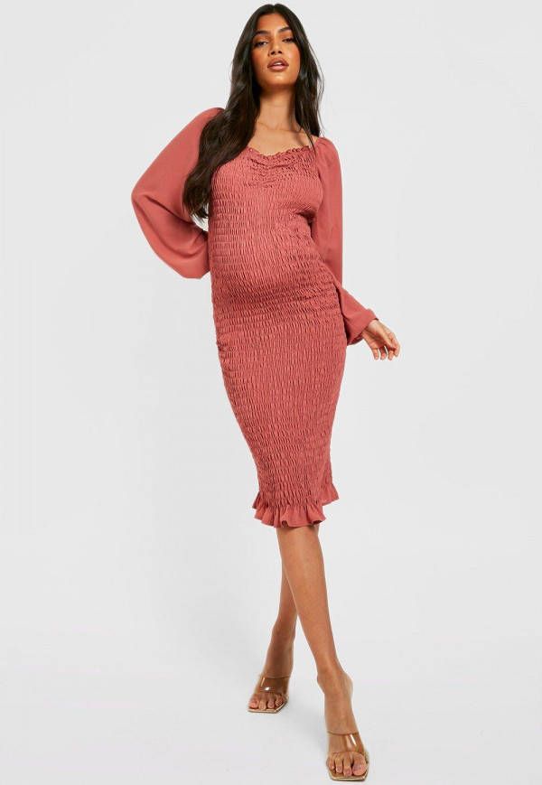 boohoo Zwangerschap Geplooide Midi Jurk Met Lange Mouwen, Dusky Pink