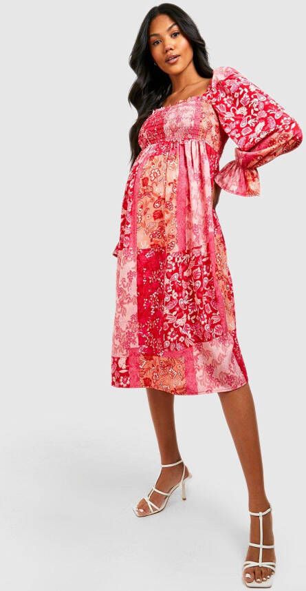 boohoo Zwangerschap Geplooide Midi Jurk Met Lange Mouwen, Pink