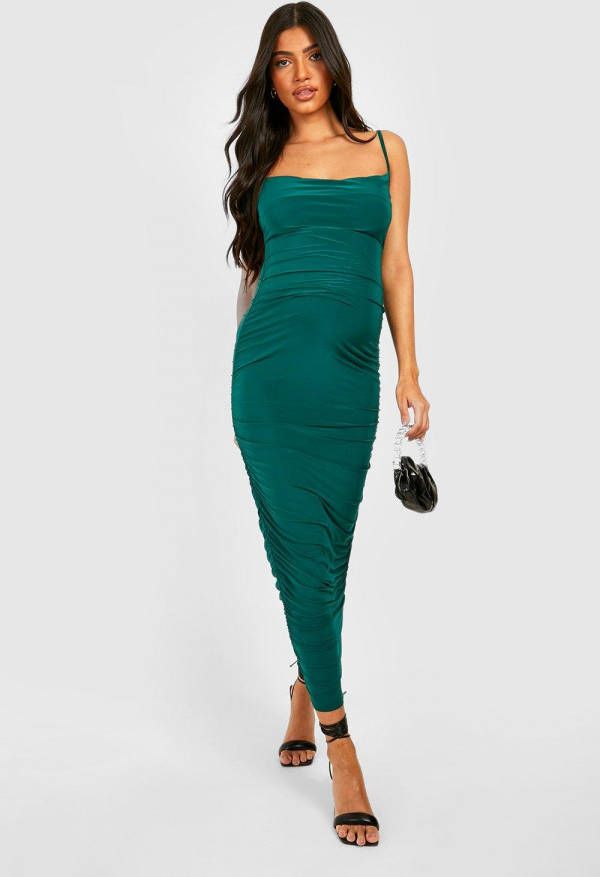 boohoo Zwangerschap Geplooide Midi Jurk Met Losse Col, Dark Green