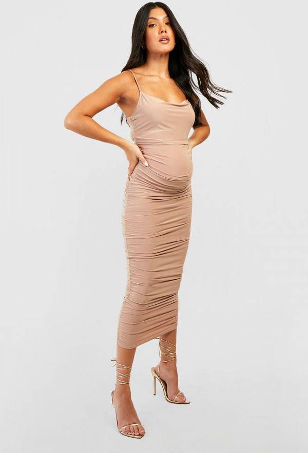 boohoo Zwangerschap Geplooide Midi Jurk Met Losse Col, Stone