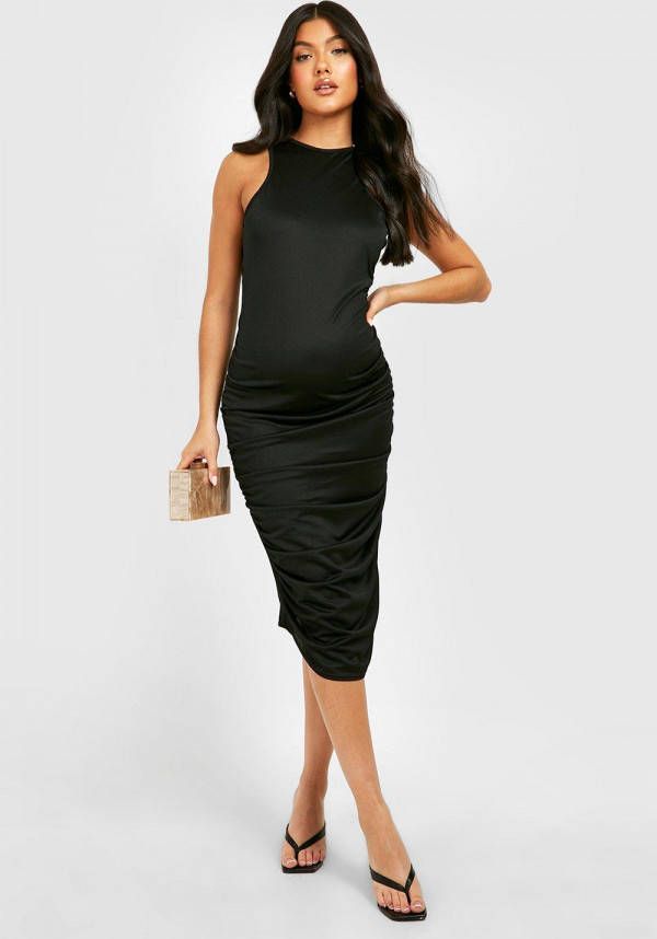 boohoo Zwangerschap Geplooide Midi Jurk Met Racer Hals, Black