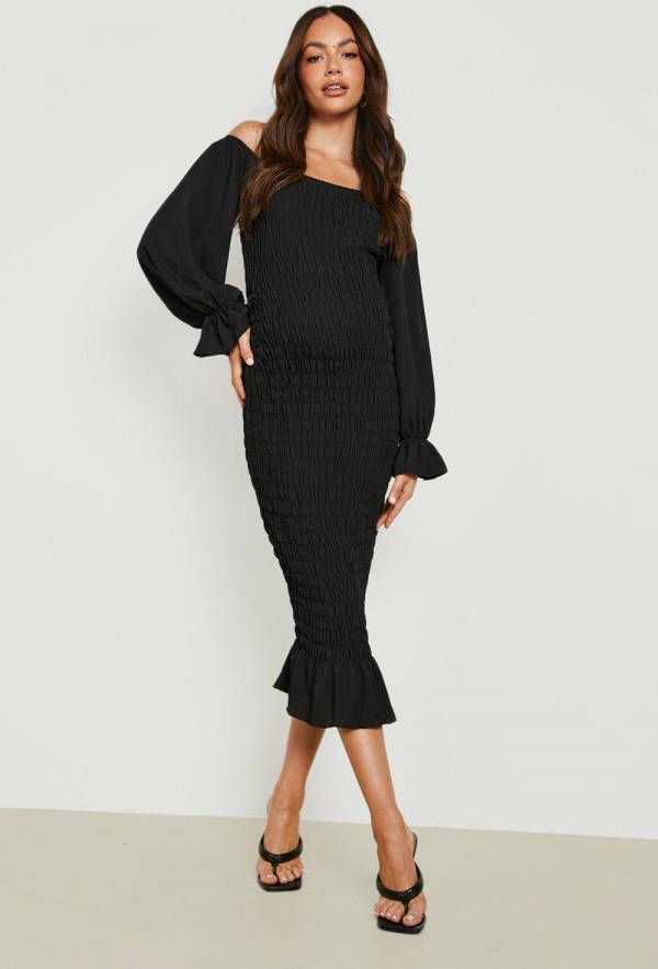 boohoo Zwangerschap Geplooide Midi Jurk Met Uitgesneden Hals En Franjes, Black