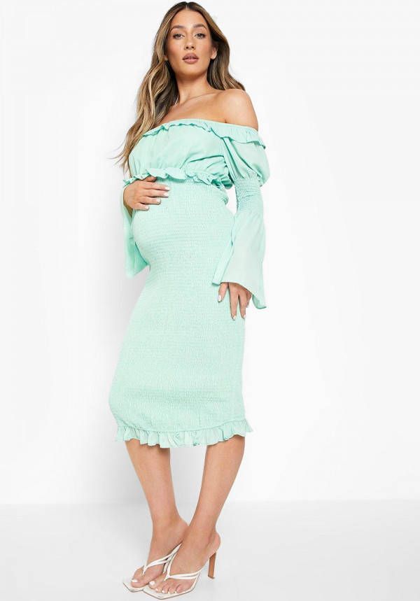 boohoo Zwangerschap Geplooide Midi Jurk Met Uitgesneden Hals En Franjes, Sage